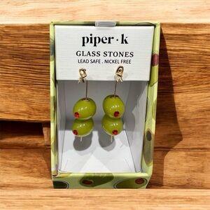 NIB! Piper K Martini Olives on Gold toothpicks - Green Glass Dangle Earrings